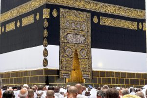 A gathering of pilgrims around the sacred Kaaba in Mecca, a significant Islamic site.