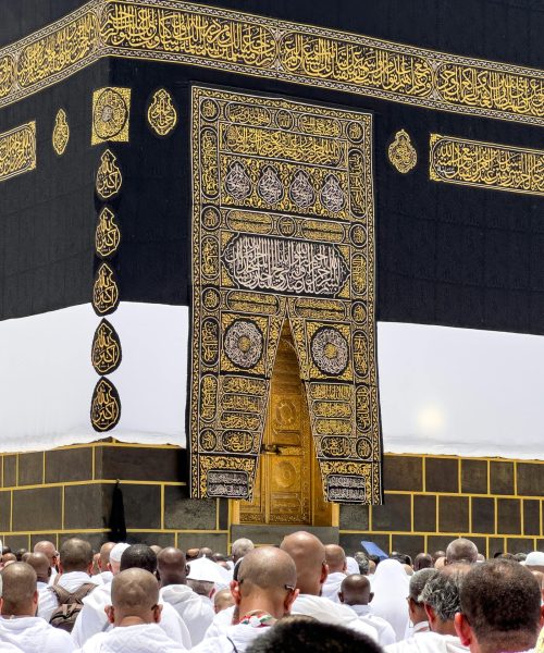 A gathering of pilgrims around the sacred Kaaba in Mecca, a significant Islamic site.